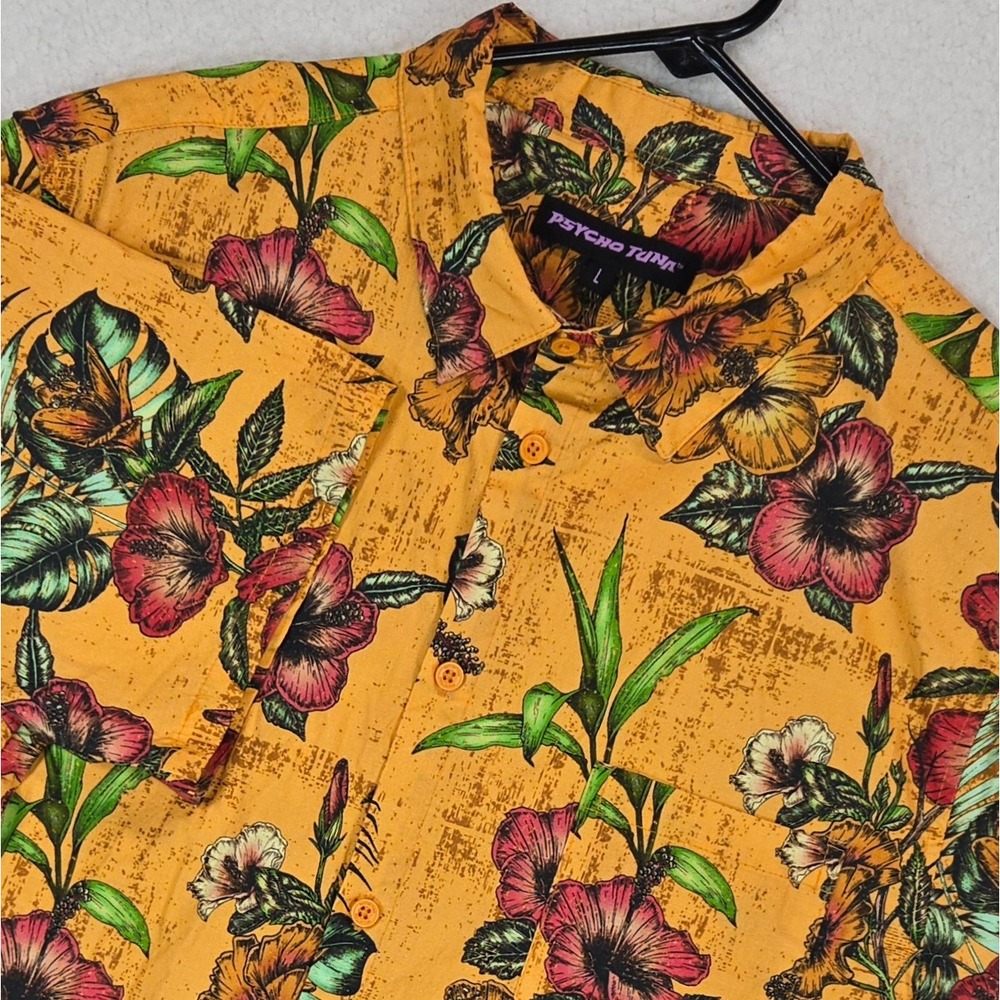 Psycho Tuna Mens L Yellow Tropical Hibiscus Floral SS Button‎ Down Shirt Stretch